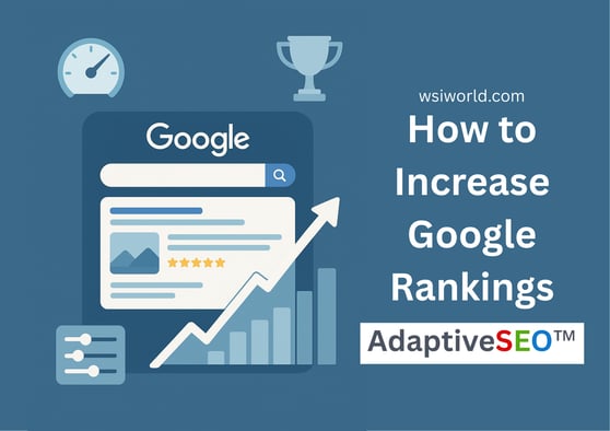 Illustration of a Google results page and graph showing how to increase Google rankings with AdaptiveSEO strategy.